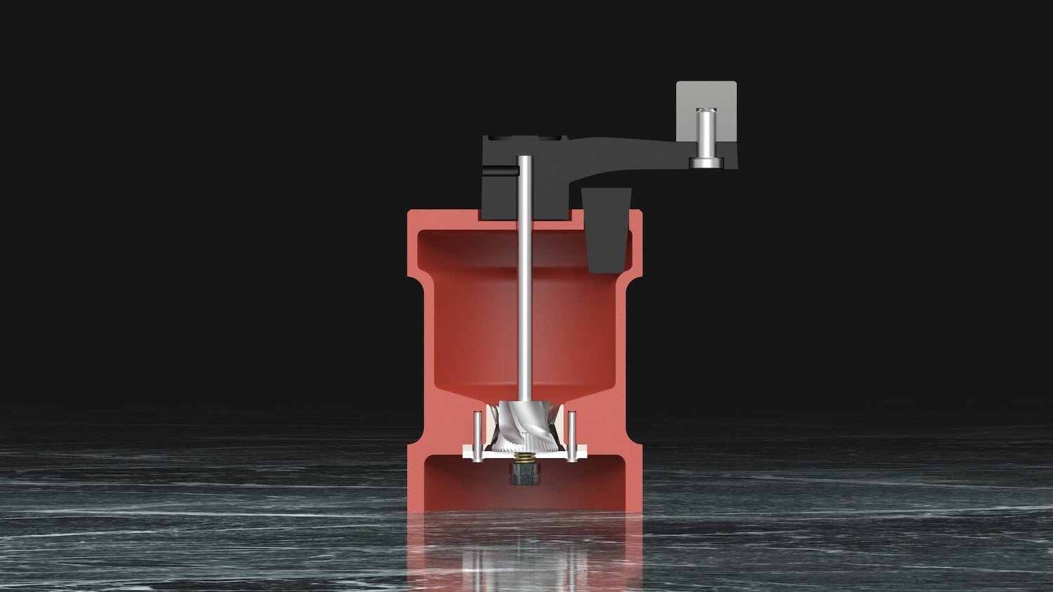 Schnittansicht einer Iron-Mills Salz- und Pfeffermühle aus Gusseisen – Blick in die Kammer und auf das präzise Edelstahl-Mahlwerk.