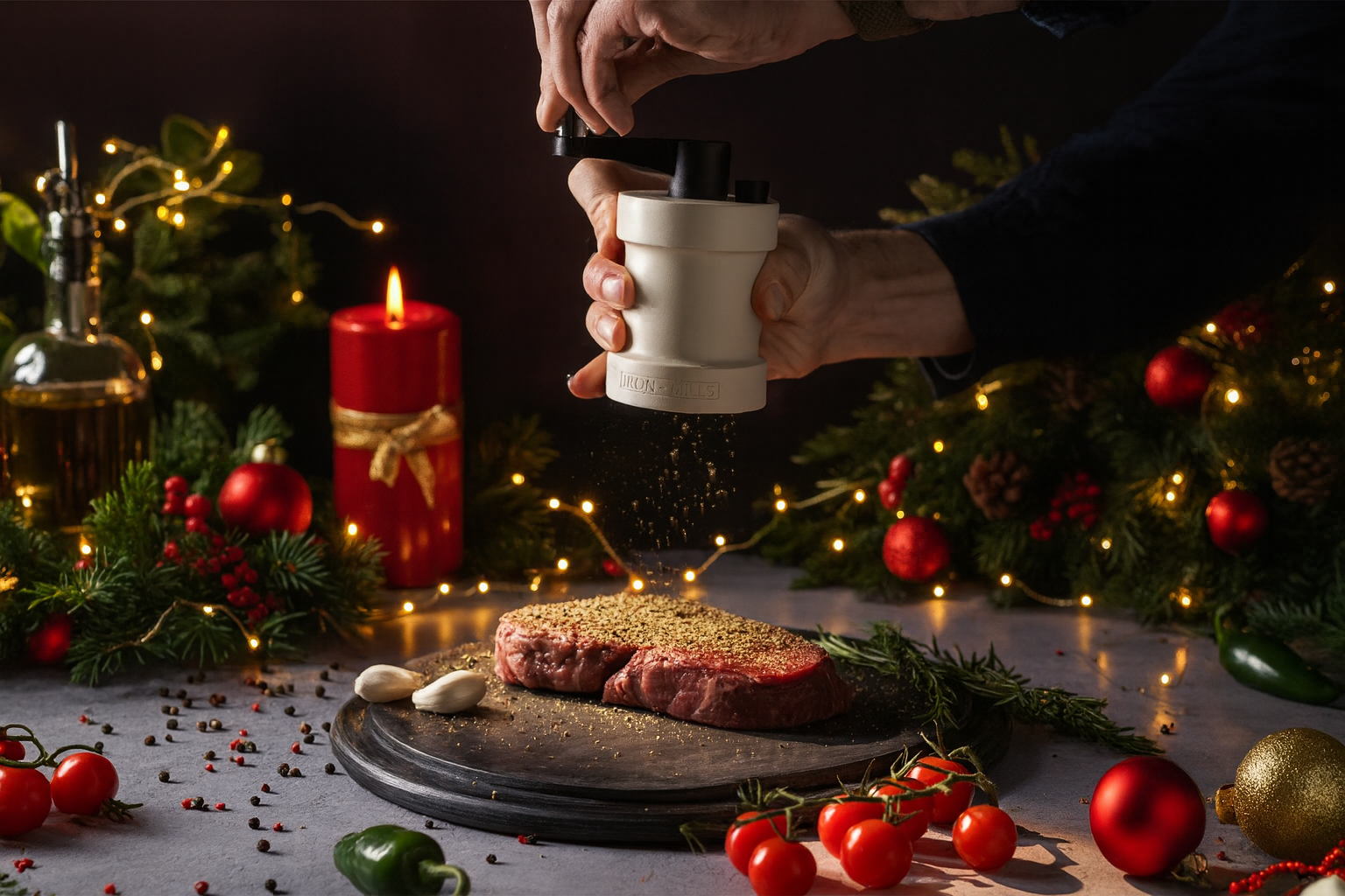 Cast Iron Pepper Mill Surrounded by Christmas Decorations and a Juicy Steak