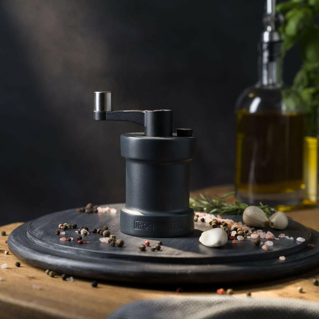 Iron-Mills anthracite grey salt mill on a chopping board in a modern kitchen with salt and peppercorns.