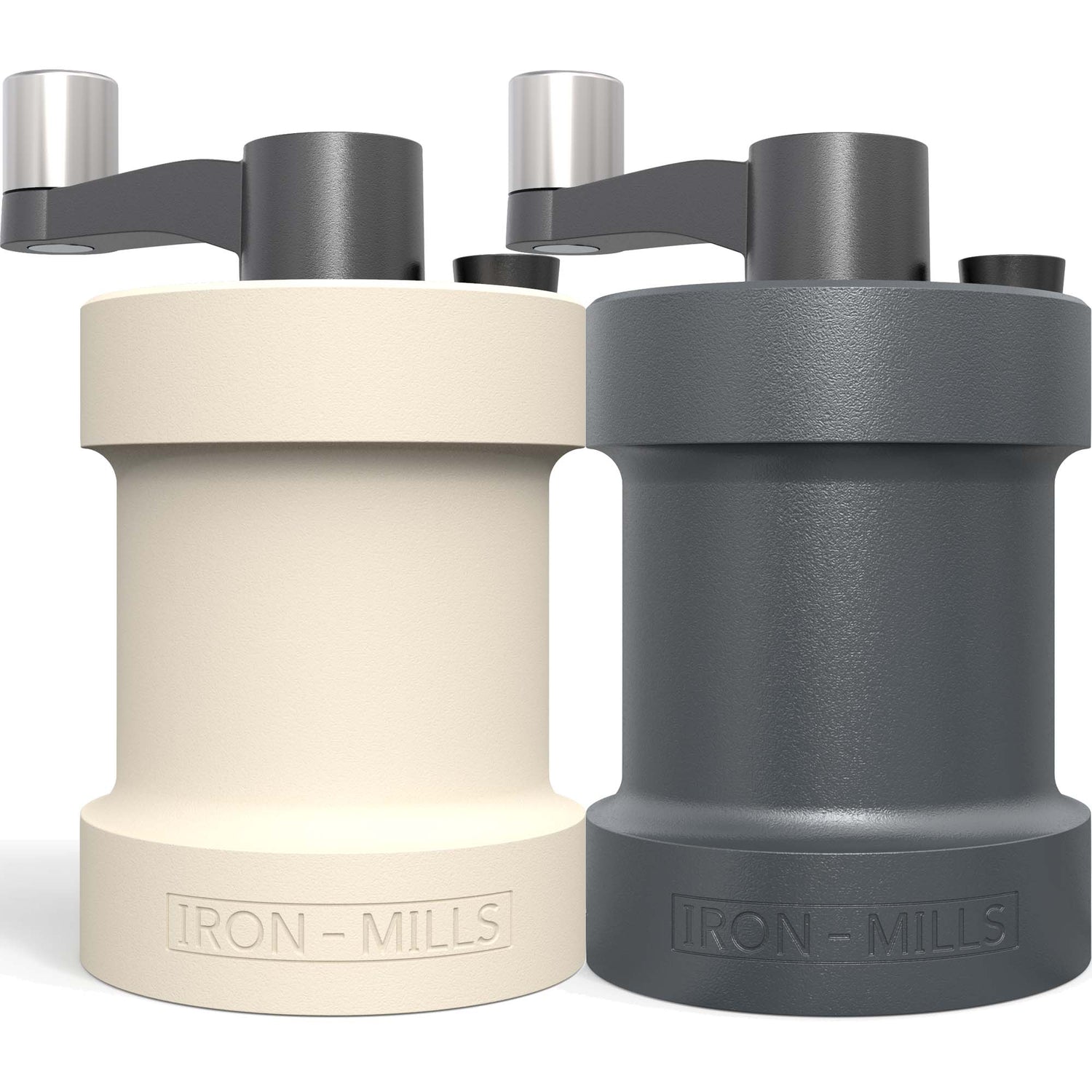 Farbkombiniertes Mühlenset von Iron-Mills: Anthrazitgrau & Austerweiß – zwei Salz- und Pfeffermühlen aus Gusseisen, nebeneinander.
