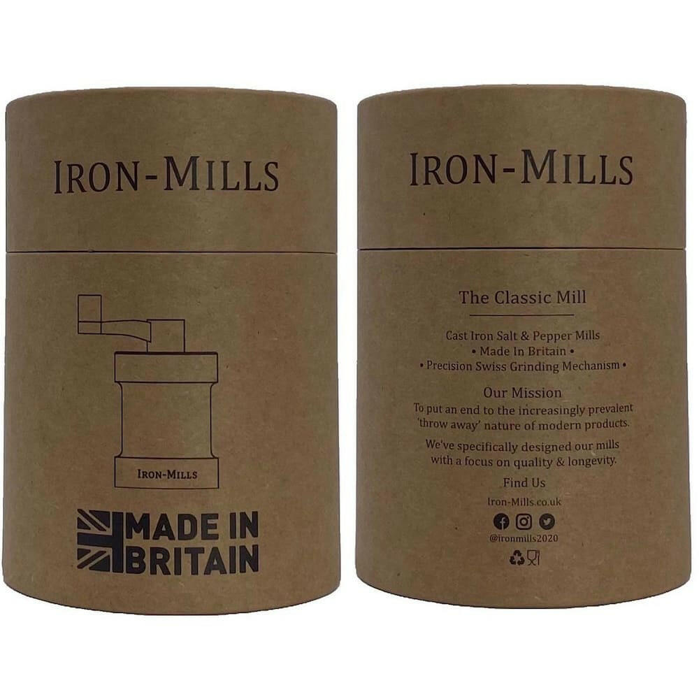 Iron-Mills brushed stainless steel salt and pepper mills packaged in eco-friendly brown craft tubes