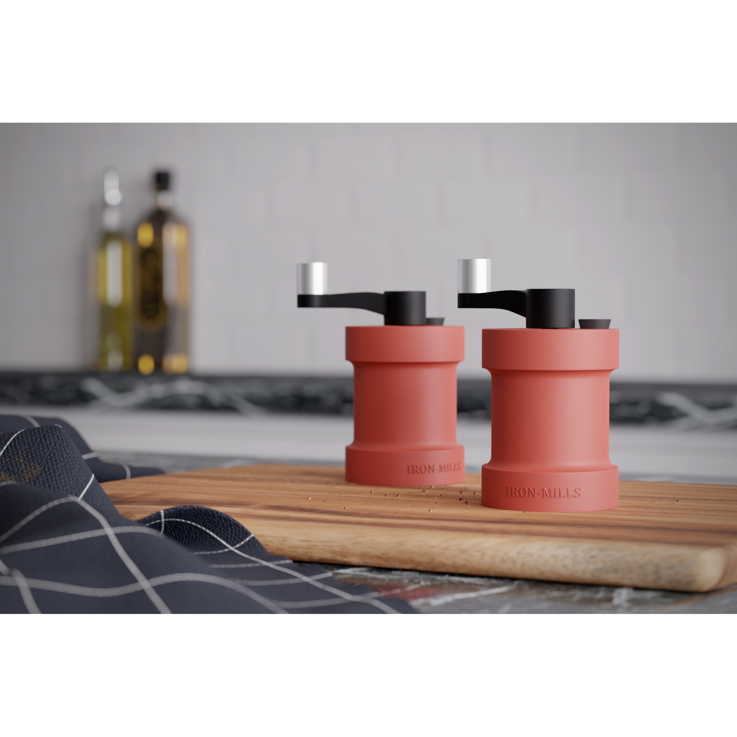 Coral Red Cast Iron Salt and Pepper Mill Set with Crank Handle