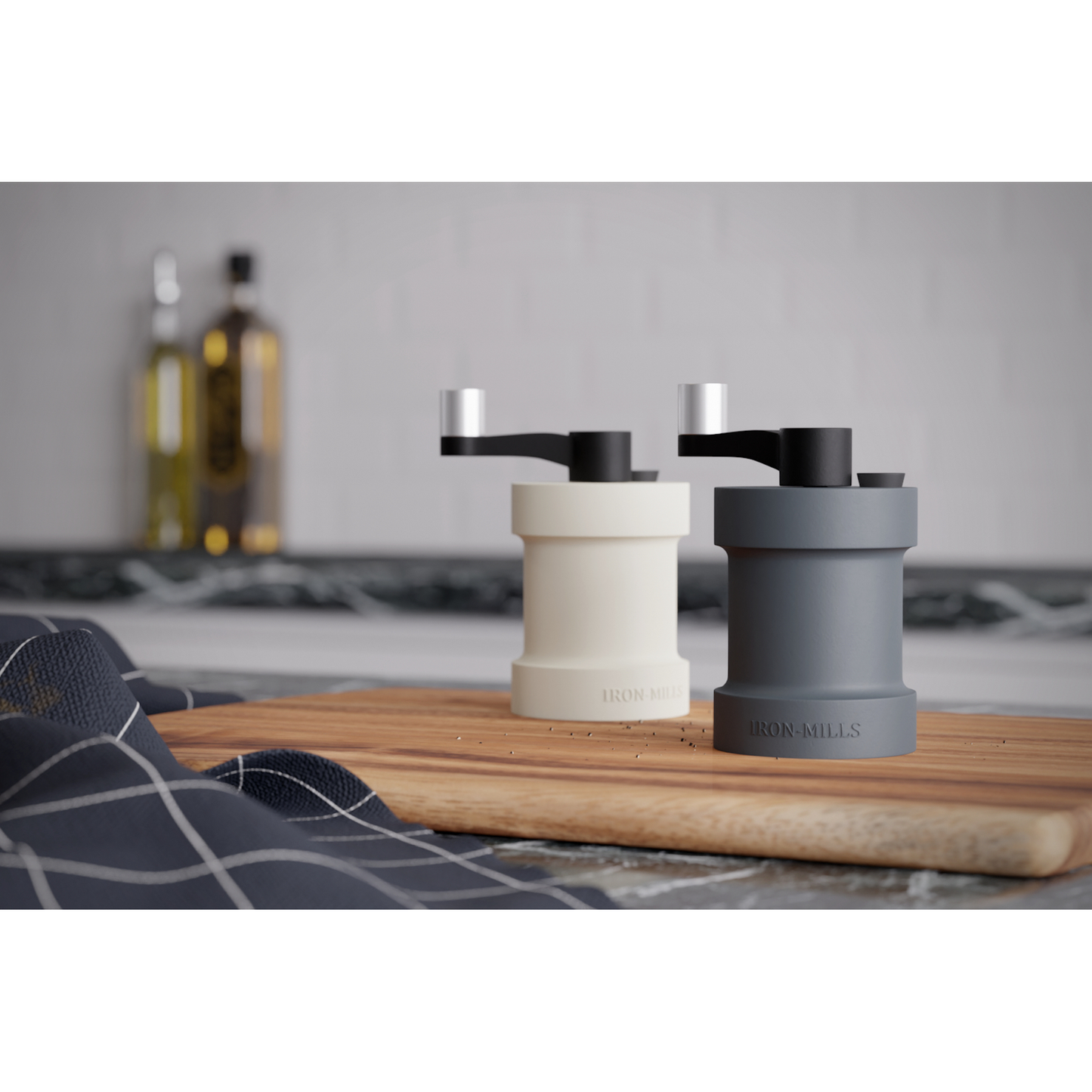 Anthracite Grey & Oyster White Cast Iron Salt and Pepper Mill Set with Crank Handle